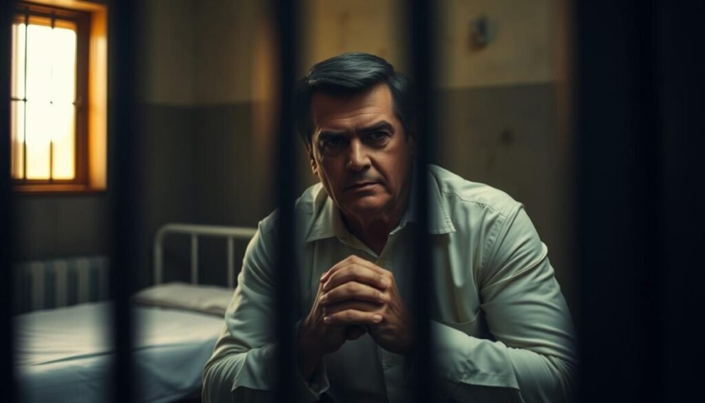 A somber, documentary-style image of Jair Bolsonaro, the former president of Brazil, sitting in a prison cell, his hands clasped in front of him, a pensive expression on his face. The cell is sparsely furnished, with a plain cot and a barred window in the background, casting a warm, golden light across the scene. The image conveys a sense of the political and social implications of Bolsonaro's incarceration, suggesting the gravity of the situation and the weight of the consequences he faces.