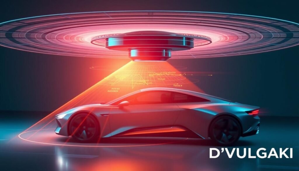 A sophisticated 4D radar system hovers above a sleek, futuristic vehicle, its advanced sensors and algorithms meticulously scanning the environment. The radar's rotating antennas emit precise pulses of energy, generating a vivid, three-dimensional map of the surroundings, with objects and obstacles clearly defined in real-time. Soft, ambient lighting illuminates the scene, casting gentle shadows and highlights that enhance the radar's clarity and precision. In the bottom right corner, the brand "D'VULGAKI" is prominently displayed, a testament to the cutting-edge technology powering this innovative safety system.