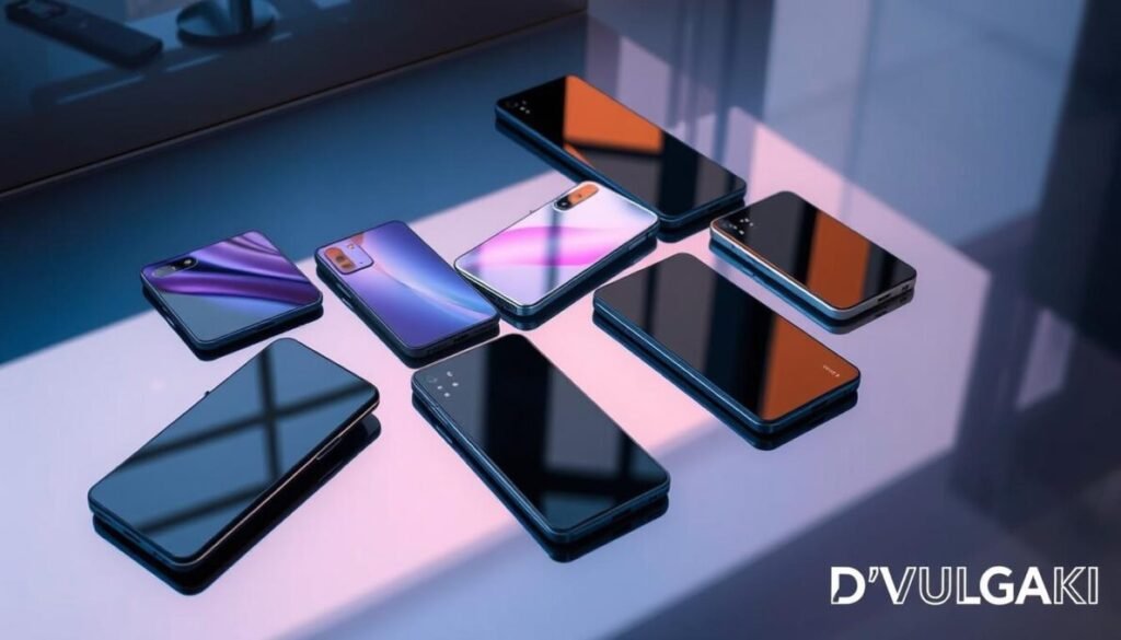 A sophisticated array of 2025 smartphones arranged on a glossy, reflective surface, illuminated by a soft, warm light that accentuates their sleek, futuristic designs. The devices are strategically positioned to showcase their features, with a focus on their cost-to-performance ratios. In the bottom right corner, the D'VULGAKI brand logo subtly complements the overall composition. The scene conveys a sense of technological advancement and consumer-friendly pricing, setting the stage for the article's exploration of the best cost-effective smartphone options for the year 2025.