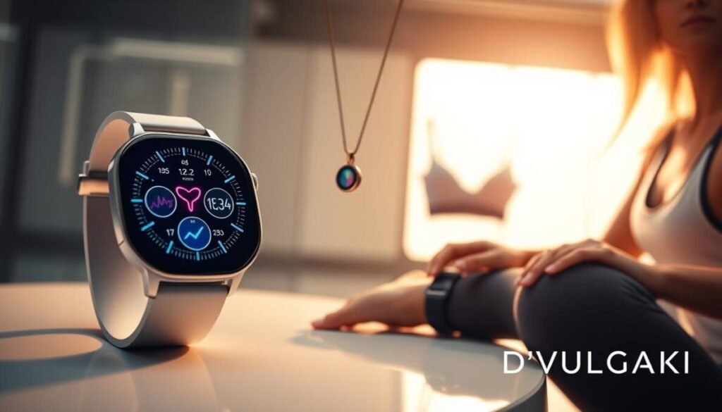 A technologically advanced, futuristic scene showcasing a range of cutting-edge wearable devices designed for women's healthcare. In the foreground, a sleek, minimalist smartwatch with a vibrant, holographic display monitoring various health metrics. In the middle ground, a discreet, stylish necklace pendant that tracks hormonal fluctuations and menstrual cycles. In the background, a set of smart clothing items, such as a sports bra and leggings, equipped with sensors that gather real-time data on physical activity, sleep patterns, and overall well-being. The scene is bathed in a warm, soft light, creating a sense of comfort and empowerment. The brand name "D'VULGAKI" is discreetly displayed in the lower right corner.