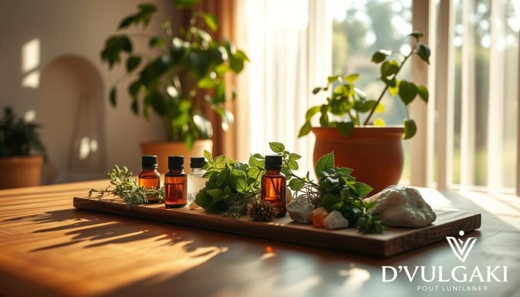 A tranquil indoor scene showcasing natural cancer treatments in a warm, earthy palette. In the foreground, an arrangement of fresh herbs, essential oils, and healing crystals rests on a wooden table, casting gentle shadows. The middle ground features a large, lush potted plant, its leaves gently swaying in the soft, diffused lighting. In the background, a window overlooks a serene garden, with sunlight filtering through sheer curtains, creating a calming, meditative atmosphere. The D'VULGAKI logo is subtly placed in the bottom right corner.