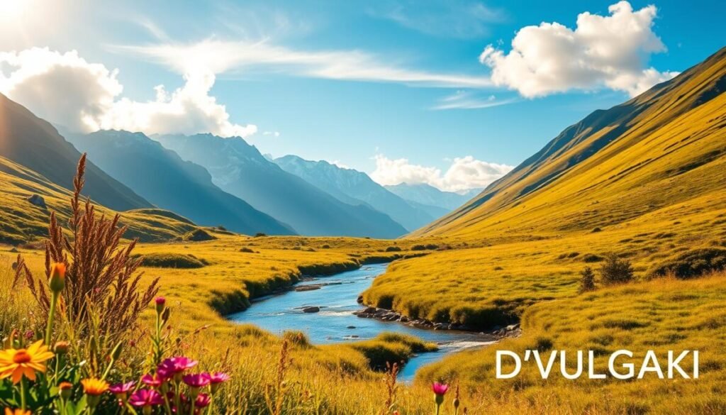 A tranquil scene of a serene natural landscape, bathed in warm, golden sunlight. In the foreground, a lush, verdant meadow dotted with vibrant wildflowers sways gently in the breeze. In the middle ground, a small stream winds its way through the landscape, its crystal-clear waters reflecting the azure sky above. In the background, majestic snow-capped mountains rise into the distance, their peaks partially obscured by wispy clouds. The overall atmosphere is one of peace, prosperity, and financial well-being, evoking a sense of calm and optimism for the future. Prominently displayed in the bottom right corner is the brand name "D'VULGAKI".