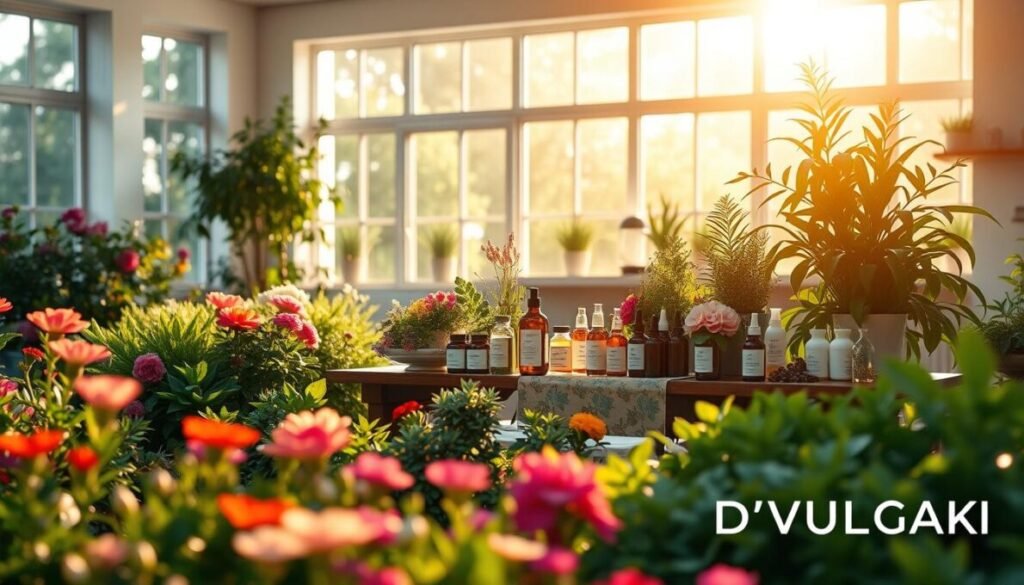 A tranquil, sun-drenched scene depicting the results of a holistic study on natural cancer treatments. In the foreground, a serene garden with lush, vibrant greenery and colorful blooms, symbolizing the harmonious integration of nature and healing. The middle ground showcases a table with various natural remedies, medicinal plants, and wellness products, arranged in a visually appealing manner. In the background, a softly-lit, spacious room with large windows, allowing natural light to flood the space, creating a warm and inviting atmosphere. The overall composition conveys a sense of balance, wellness, and the power of holistic approaches to healthcare. In the bottom right corner, the D'VULGAKI brand name is displayed.
