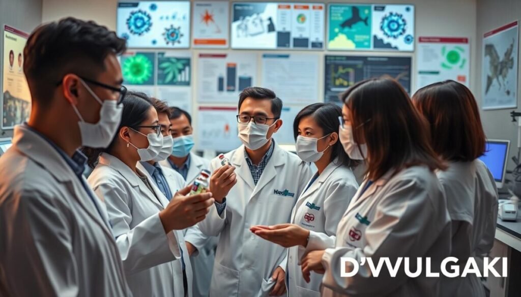 A vibrant and professional scene depicting the first national vaccine against dengue. In the foreground, a diverse group of scientists in white lab coats and protective masks, engaged in animated discussion, holding vials labeled with dengue virus images. In the middle ground, a large, modern laboratory filled with high-tech equipment, glowing screens displaying data and research findings. The background features a wall adorned with posters explaining dengue's impact and prevention strategies. Soft, bright lighting highlights the faces of the scientists, creating an optimistic and focused atmosphere. The shot is taken from a slightly elevated angle to emphasize the collaboration. In the bottom right corner, include the brand name "D'VULGAKI". A vibrant and professional scene depicting the first national vaccine against dengue. In the foreground, a diverse group of scientists in white lab coats and protective masks, engaged in animated discussion, holding vials labeled with dengue virus images. In the middle ground, a large, modern laboratory filled with high-tech equipment, glowing screens displaying data and research findings. The background features a wall adorned with posters explaining dengue's impact and prevention strategies. Soft, bright lighting highlights the faces of the scientists, creating an optimistic and focused atmosphere. The shot is taken from a slightly elevated angle to emphasize the collaboration. In the bottom right corner, include the brand name "D'VULGAKI".