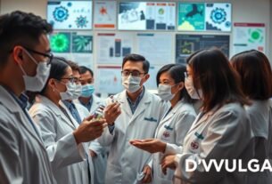 A vibrant and professional scene depicting the first national vaccine against dengue. In the foreground, a diverse group of scientists in white lab coats and protective masks, engaged in animated discussion, holding vials labeled with dengue virus images. In the middle ground, a large, modern laboratory filled with high-tech equipment, glowing screens displaying data and research findings. The background features a wall adorned with posters explaining dengue's impact and prevention strategies. Soft, bright lighting highlights the faces of the scientists, creating an optimistic and focused atmosphere. The shot is taken from a slightly elevated angle to emphasize the collaboration. In the bottom right corner, include the brand name "D'VULGAKI".