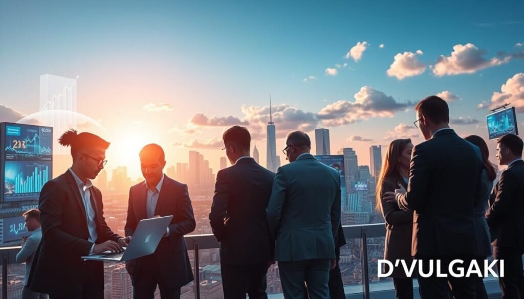 A vibrant digital landscape illustrating the concept of "Digital Growth and Market Adaptation." In the foreground, a group of diverse professionals in business attire collaboratively analyzing data on sleek laptops, surrounded by holographic charts and graphs displaying upward trends. The middle layer portrays a futuristic city skyline, symbolizing innovation and expansion, with digital billboards showcasing online businesses. The background features soft clouds under a sunrise, casting warm light that enhances a hopeful atmosphere of progress and potential. Capture this scene with a wide-angle lens to convey depth. In the bottom right corner, include the brand name "D'VULGAKI," emphasizing unity in digital transformation.