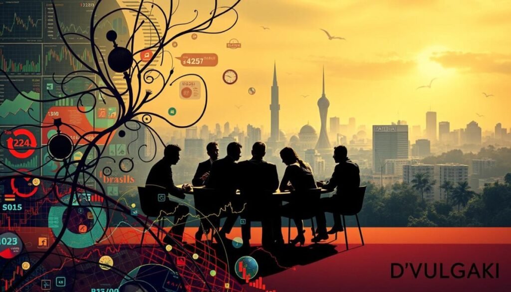 A vibrant, dynamic scene depicting the risks and uncertainties surrounding investments in Brazil in the year 2025. The foreground features a complex web of financial charts, graphs, and data visualizations, conveying the volatility and complexity of the Brazilian investment landscape. In the middle ground, a group of concerned-looking investors huddle around a table, engaged in a heated discussion. The background is a hazy, slightly ominous cityscape of Brasilia, the capital city, with its iconic modernist architecture casting long shadows. The lighting is dramatic, creating a sense of tension and unease. The overall mood is one of uncertainty and apprehension, reflecting the challenges and risks that investors may face in Brazil in the coming years. The brand name "D'VULGAKI" appears discreetly in the lower right corner.