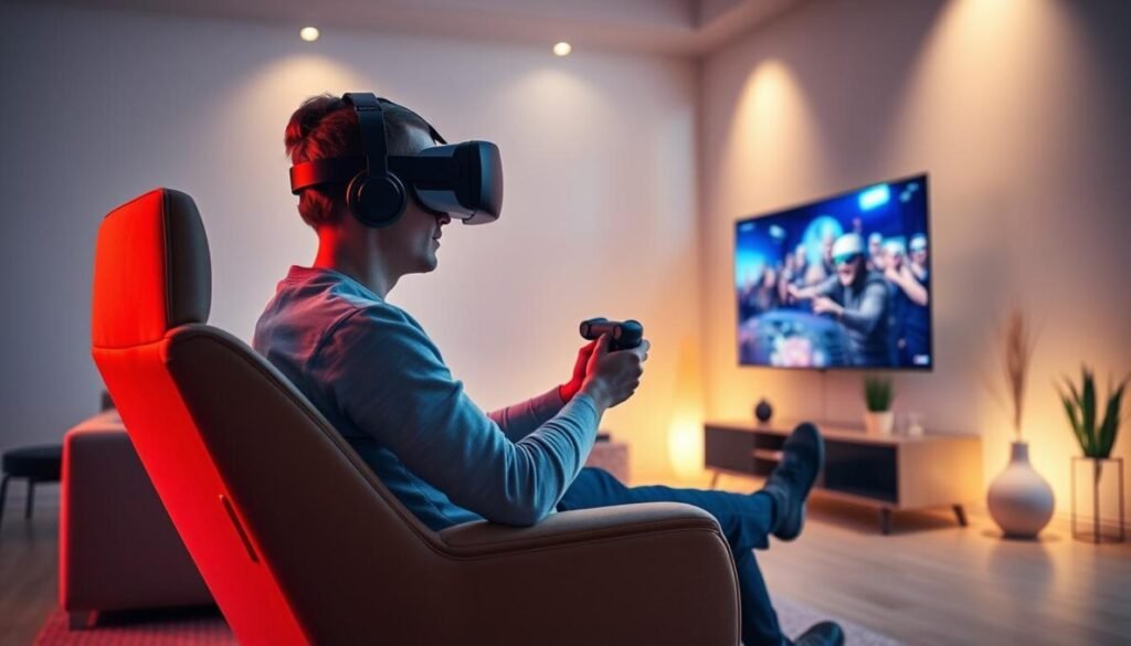 A vibrant, realistic rendering of a virtual reality gaming setup in a modern, minimalist home environment. The scene features a comfortable, ergonomic gaming chair positioned in front of a large, high-definition display. The player is wearing a state-of-the-art VR headset, their hands holding advanced motion controllers, immersed in a visually stunning, three-dimensional virtual world. Soft, diffused lighting from concealed sources casts a warm glow throughout the space, creating a sense of depth and atmosphere. The background showcases a sleek, contemporary interior design with clean lines, neutral tones, and subtle accent pieces that complement the technology in the foreground. A vibrant, realistic rendering of a virtual reality gaming setup in a modern, minimalist home environment. The scene features a comfortable, ergonomic gaming chair positioned in front of a large, high-definition display. The player is wearing a state-of-the-art VR headset, their hands holding advanced motion controllers, immersed in a visually stunning, three-dimensional virtual world. Soft, diffused lighting from concealed sources casts a warm glow throughout the space, creating a sense of depth and atmosphere. The background showcases a sleek, contemporary interior design with clean lines, neutral tones, and subtle accent pieces that complement the technology in the foreground.