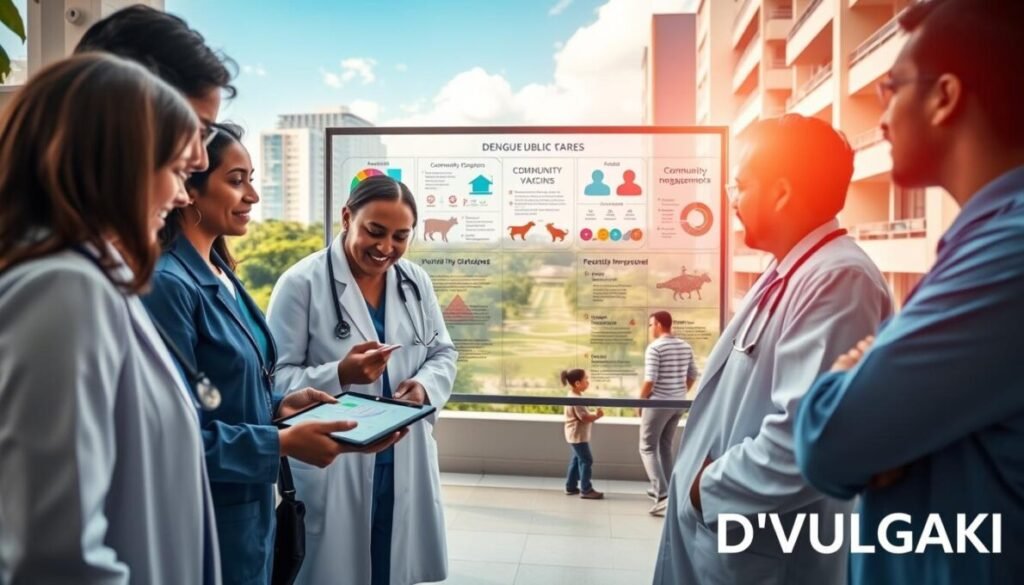 A vibrant scene depicting the expected impact of a dengue vaccine on Brazilian public health. In the foreground, a diverse group of healthcare professionals in professional attire, such as lab coats and scrubs, discussing and analyzing data on a tablet under a bright, natural light setting. In the middle ground, a large, transparent board showcases infographics illustrating vaccination statistics, community engagement, and improved health outcomes. In the background, an urban Brazilian landscape with green parks and people engaging in outdoor activities, symbolizing a healthier society. The mood is hopeful and dynamic, conveying optimism about public health improvements. The image should be framed with a clear focus, using a slight angle to enhance depth. The brand name "D'VULGAKI" is subtly placed in the bottom right corner. A vibrant scene depicting the expected impact of a dengue vaccine on Brazilian public health. In the foreground, a diverse group of healthcare professionals in professional attire, such as lab coats and scrubs, discussing and analyzing data on a tablet under a bright, natural light setting. In the middle ground, a large, transparent board showcases infographics illustrating vaccination statistics, community engagement, and improved health outcomes. In the background, an urban Brazilian landscape with green parks and people engaging in outdoor activities, symbolizing a healthier society. The mood is hopeful and dynamic, conveying optimism about public health improvements. The image should be framed with a clear focus, using a slight angle to enhance depth. The brand name "D'VULGAKI" is subtly placed in the bottom right corner.