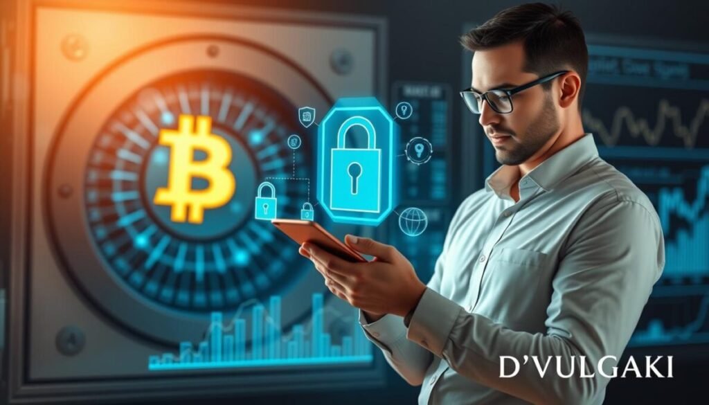 A visually appealing composition illustrating investment security, featuring a sleek digital backdrop of a secure vault with a glowing Bitcoin symbol. In the foreground, a professional-looking individual in business attire, confidently reviewing digital security measures on a tablet, against a backdrop of charts and cryptocurrency data. The middle layer includes holographic security icons like locks and shields, symbolizing protection against cyber threats. Soft, ambient lighting creates a sophisticated atmosphere, with a focus on technology and financial growth. The scene captures a sense of trust and professionalism. Brand name "D'VULGAKI" is subtly placed in the bottom right corner, enhancing the overall image without being intrusive.