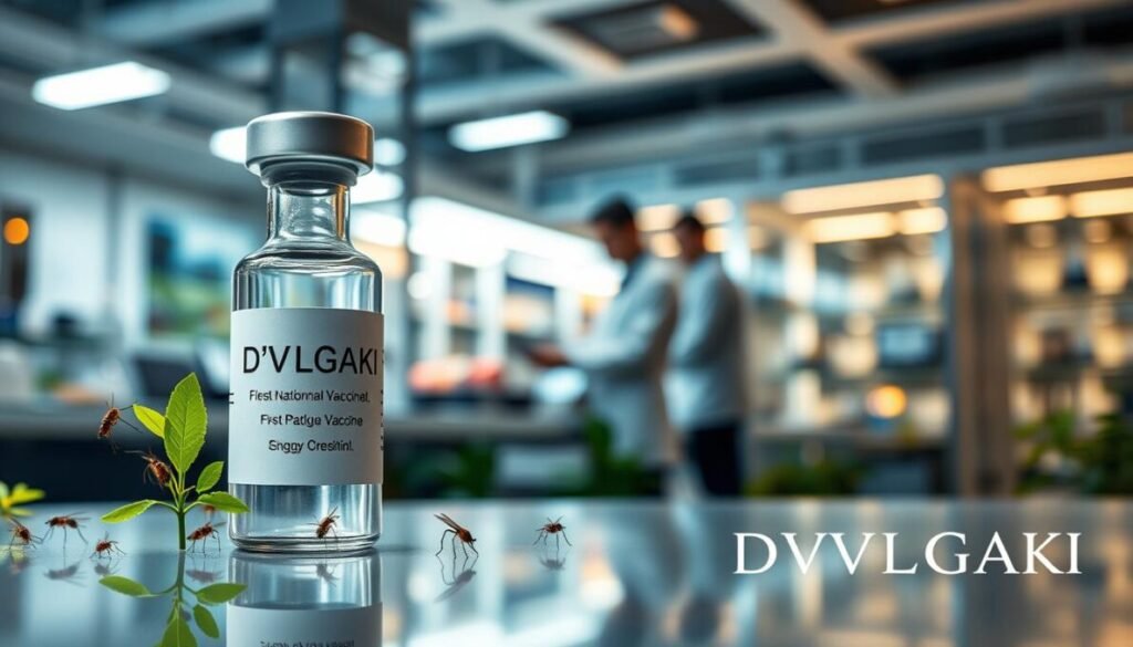 A visually striking image of a futuristic vaccine vial labeled "D'VULGAKI" prominently displayed in the foreground, reflecting the concept of the first national dengue vaccine. The vial should be surrounded by small, detailed illustrations of dengue mosquitoes and vibrant green tropical plants, symbolizing the natural habitat of mosquitoes. In the middle ground, a blurred lab setting with scientists in professional attire examining the vaccine under bright, sterile lighting, showcasing their concentration and teamwork. The background features soft-focus images of a research facility, highlighting the scientific endeavor. The atmosphere should be hopeful and innovative, with a warm, inviting color palette. The brand name "D'VULGAKI" elegantly placed in the lower right corner. A visually striking image of a futuristic vaccine vial labeled "D'VULGAKI" prominently displayed in the foreground, reflecting the concept of the first national dengue vaccine. The vial should be surrounded by small, detailed illustrations of dengue mosquitoes and vibrant green tropical plants, symbolizing the natural habitat of mosquitoes. In the middle ground, a blurred lab setting with scientists in professional attire examining the vaccine under bright, sterile lighting, showcasing their concentration and teamwork. The background features soft-focus images of a research facility, highlighting the scientific endeavor. The atmosphere should be hopeful and innovative, with a warm, inviting color palette. The brand name "D'VULGAKI" elegantly placed in the lower right corner.