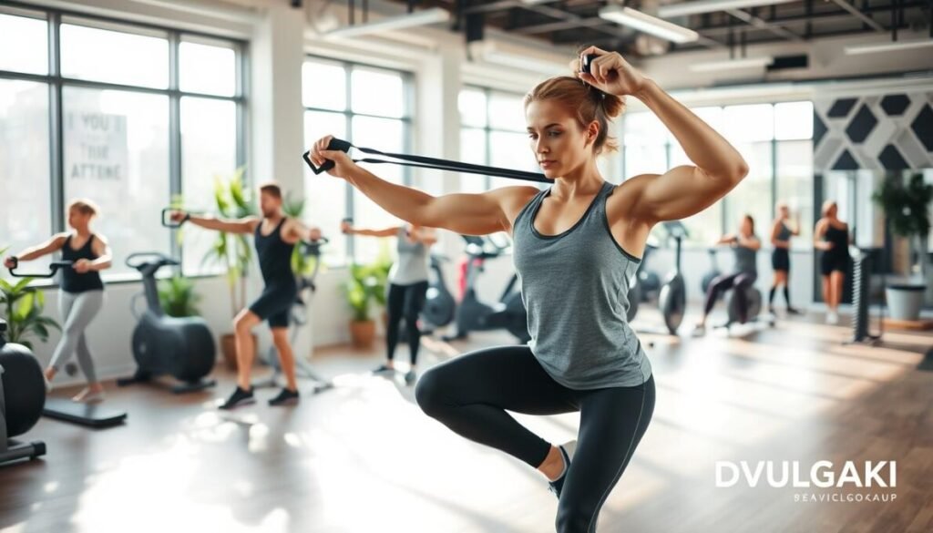 A well-lit gym interior with modern equipment and natural light pouring in through large windows. In the foreground, a person performs a series of resistance band exercises, their muscles engaged as they stretch and strengthen their core. In the middle ground, others engage in various cardio and weight training activities, their faces determined as they push their limits. The background features motivational wall art and potted plants, creating a serene yet energetic atmosphere. The D'VULGAKI logo is subtly visible in the lower right corner.