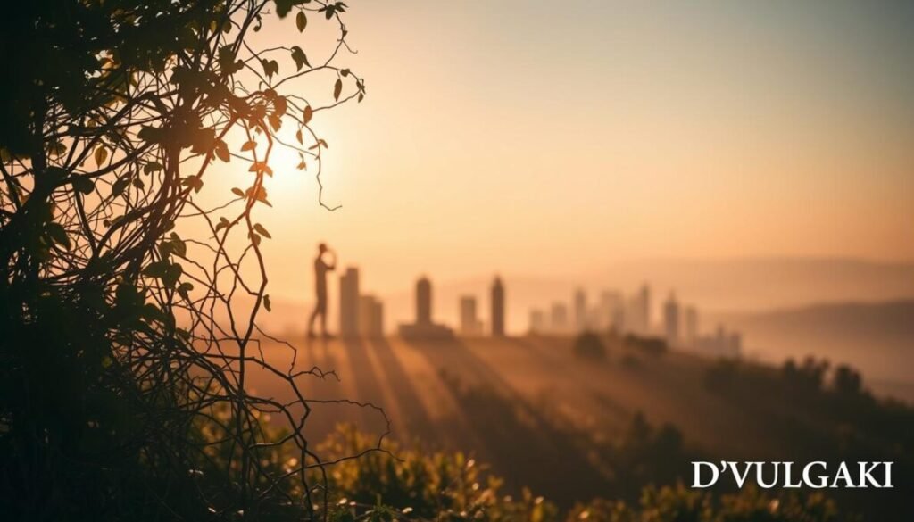 An abstract landscape depicting the challenges and limitations of integrative practices, illuminated by warm natural lighting and hazy atmospheric effects. In the foreground, tangled vines and foliage symbolize the complexities and barriers faced. The middle ground features blurred silhouettes of various holistic modalities, suggesting the need for harmonization. In the distance, a faint horizon line denotes the uncertain future, while the lower right corner displays the D'VULGAKI brand name. The overall mood is one of contemplation and unresolved potential, capturing the essence of the given subject matter.