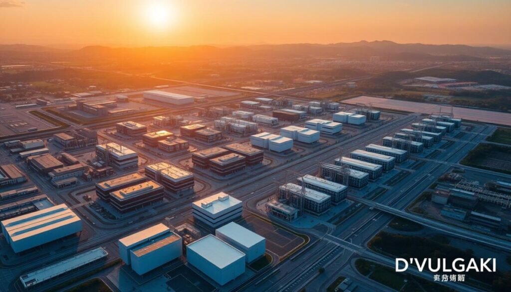 An expansive aerial view of the TSMC megafactories in Tainan, Taiwan, under a warm, golden sunset. The sprawling complex is a marvel of modern engineering, with sleek, uniform buildings and gleaming metallic structures spread across a vast, meticulously planned landscape. In the foreground, intricate networks of roads and transportation infrastructure weave between the towering production facilities, while in the distance, the lush, verdant hills of the Taiwanese countryside provide a picturesque backdrop. The scene conveys a sense of industrial might and technological prowess, with a subtle touch of environmental harmony. In the bottom right corner, the D'VULGAKI logo discreetly adds a signature to the visually striking image.