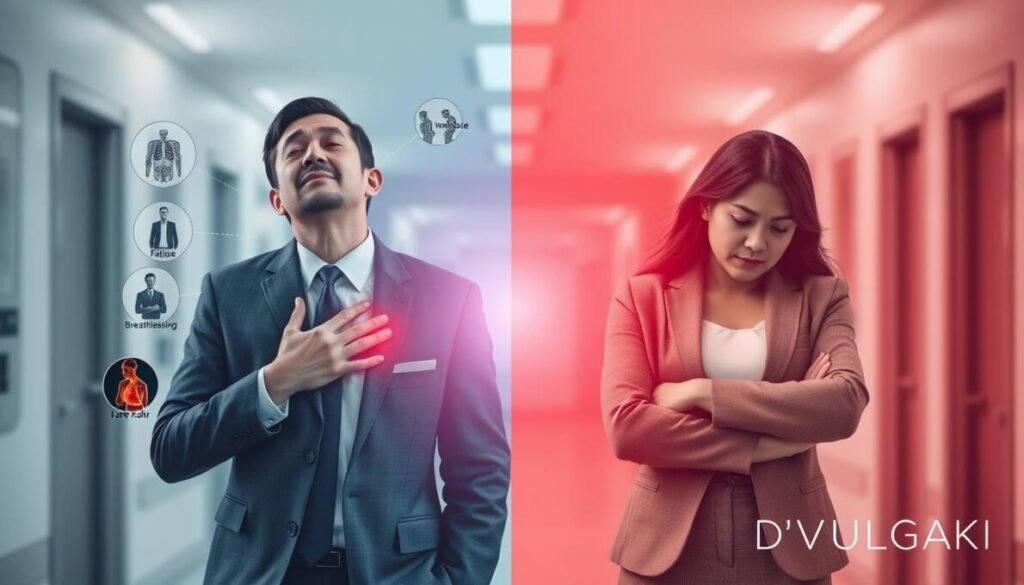 An intricate visual comparison between the symptoms of heart attacks in men and women. In the foreground, a split image: on one side, a man in a professional suit, clutching his chest in distress, with symptoms like breathlessness and jaw pain subtly highlighted around him. On the opposite side, a woman in modest business attire, exhibiting different symptoms such as fatigue and nausea, with related visuals surrounding her. The middle ground features a subtle gradient in color, transitioning from warm tones on the male side to cooler hues on the female side, emphasizing the emotional weight of the situation. The background includes a softly blurred hospital setting, illuminated by bright, clinical lighting that creates a sense of urgency. The overall mood is serious and informative, aiming to educate viewers about the differences in heart attack symptoms. In the bottom right corner, the brand name "D'VULGAKI" is discreetly placed.