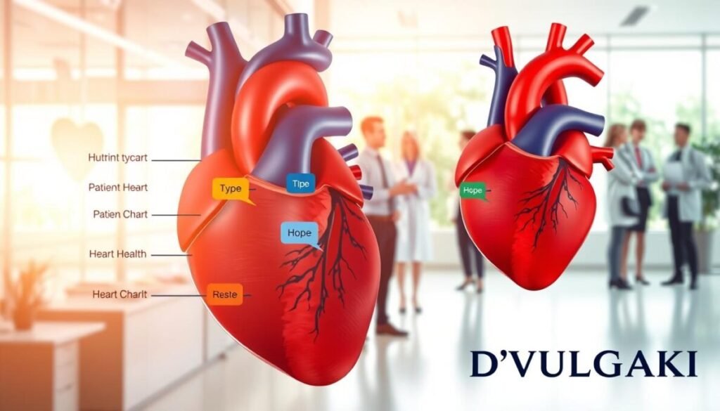 Create a visually striking illustration depicting the different types of heart attacks. In the foreground, feature anatomical illustrations of a human heart, showing the various types of heart attacks, with clear labels and different color codes indicating each type. In the middle ground, depict a professional healthcare environment, such as a doctor's office or hospital, where a diverse group of medical professionals, dressed in smart business attire, discuss patient charts and heart health. In the background, portray a calming, soft-focus image of a heart care clinic, with light streaming in through large windows, enhancing the atmosphere of hope and care. Use soft, warm lighting to evoke a reassuring mood, capturing the seriousness yet approachable nature of heart health. Place the brand name "D'VULGAKI" subtly in the lower right corner.