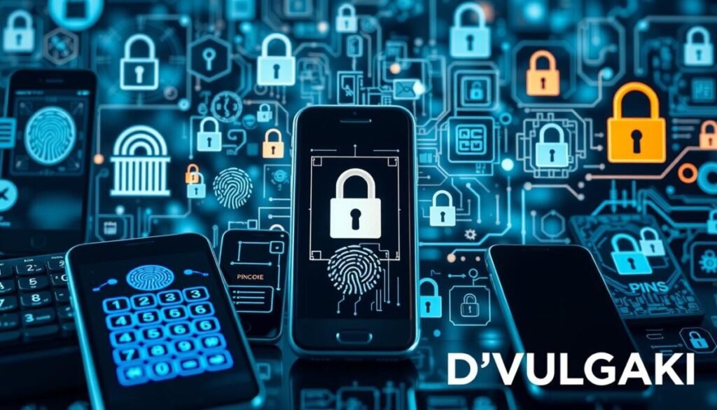 Ilustração dos principais tipos de segurança no celular: PIN, padrão, biometria e autenticação em duas etapas. Como Usar Códigos de Segurança no Meu Celular em 2025