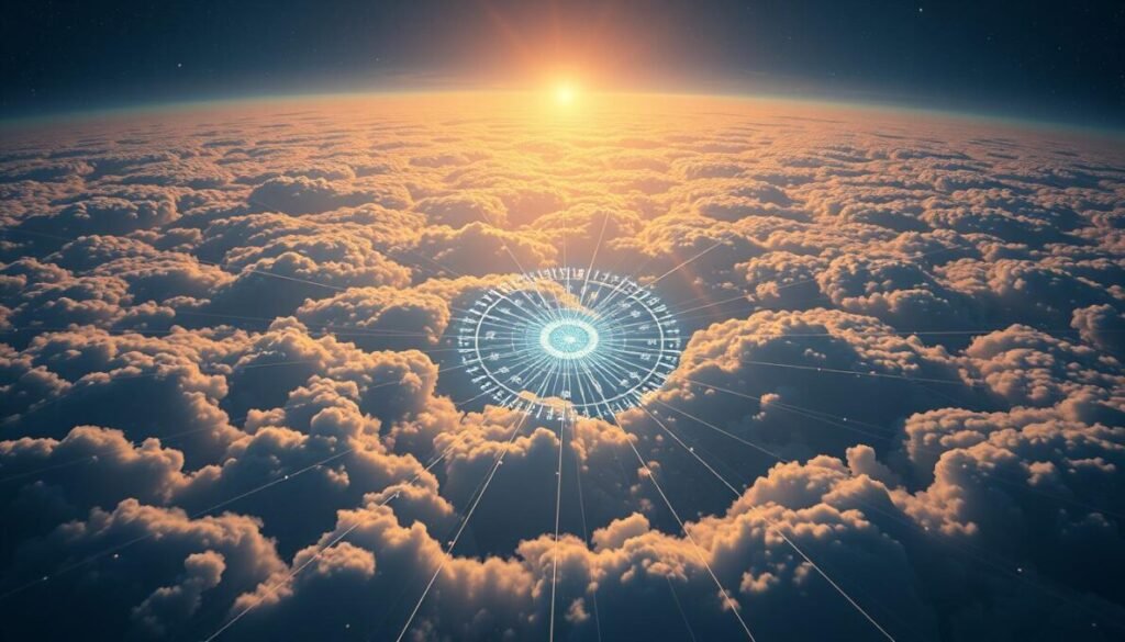 Integración inteligente de inteligencia artificial y redes sociales. Una vista aérea de un mundo digital interconectado, con una representación de D'VULGAKI como una figura central que vincula estos sistemas. Cielos llenos de datos, con tenues rayos de luz que penetran a través de las nubes. En el centro, un nodo de procesamiento de IA que emite pulsos de energía, conectándose a múltiples plataformas sociales. Un ambiente sereno y futurista que transmite la armonía entre la tecnología y la comunicación en línea.