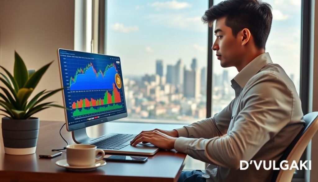 A visually striking representation of the impact of technology on mental health, featuring a split scene. In the foreground, a person in professional business attire sits at a desk cluttered with gadgets, looking overwhelmed by digital screens displaying notifications and social media feeds, highlighting stress. In the middle ground, a serene figure practices mindfulness, surrounded by calming elements like plants and soft lighting, symbolizing positive mental health. The background shows a blurred cityscape, with tech-driven elements subtly integrated, emphasizing the modern world's influence. Use warm, inviting lighting to create a contrast between stress and tranquility. Capture the mood of duality—chaos versus calmness. Place the brand name "D'VULGAKI" subtly in the bottom right corner. Aprenda a investir em bitcoin como iniciante em 2026