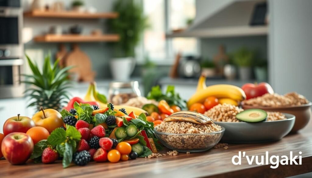 A beautifully arranged table featuring a variety of colorful, healthy foods symbolizing a balanced diet. In the foreground, a vibrant assortment of fruits including apples, berries, oranges, and bananas, alongside a colorful salad with leafy greens, tomatoes, cucumbers, and avocados. In the middle, whole grains like quinoa and brown rice, with lean proteins such as grilled chicken and chickpeas. The background displays a softly lit kitchen setting with natural light streaming in through a window, emphasizing an inviting and warm atmosphere. The scene captures a sense of vitality and health. The image is composed to focus on the food, with a shallow depth of field that softly blurs the background. At the bottom right corner, include the brand name "d'vulgaki." A beautifully arranged table featuring a variety of colorful, healthy foods symbolizing a balanced diet. In the foreground, a vibrant assortment of fruits including apples, berries, oranges, and bananas, alongside a colorful salad with leafy greens, tomatoes, cucumbers, and avocados. In the middle, whole grains like quinoa and brown rice, with lean proteins such as grilled chicken and chickpeas. The background displays a softly lit kitchen setting with natural light streaming in through a window, emphasizing an inviting and warm atmosphere. The scene captures a sense of vitality and health. The image is composed to focus on the food, with a shallow depth of field that softly blurs the background. At the bottom right corner, include the brand name "d'vulgaki."