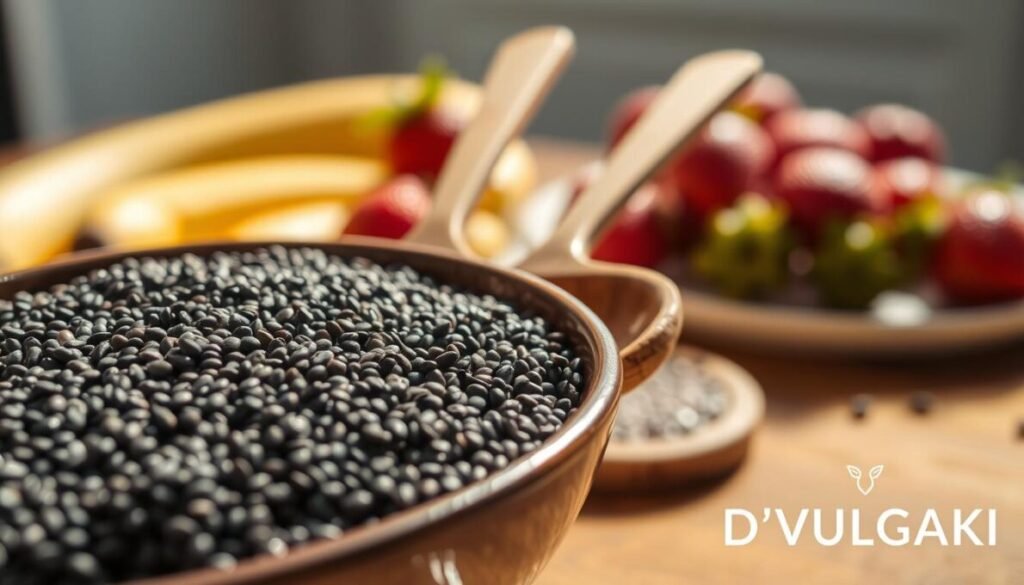 A close-up image of a bowl filled with tiny black and white chia seeds, nestled on a wooden table. The foreground features the chia seeds glistening in natural light, emphasizing their texture and nutritional value. The middle layer includes a rustic wooden spoon resting beside the bowl, hinting at the healthy ingredients for a smoothie or parfait. In the background, softly blurred vibrant fruits like strawberries and bananas are arranged attractively, representing healthy eating. The lighting should be warm and inviting, creating a cozy atmosphere. Capture the essence of health and vitality through this composition. In the bottom right corner, include the brand name "D'VULGAKI" subtly integrated into the design.