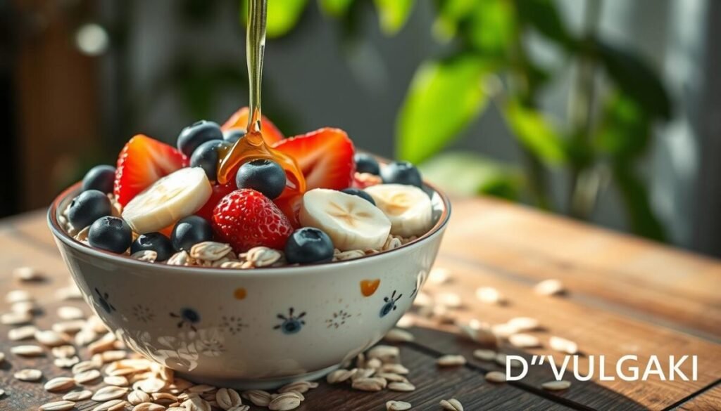 A close-up, vibrant image of a bowl of oatmeal topped with fresh fruits like blueberries, strawberries, and slices of banana, glistening with a drizzle of honey. In the foreground, the bowl is intricately decorated with whole oats scattered around it, adding texture. The middle layer features a rustic wooden table with natural light streaming in from the left, casting soft shadows to create a warm, inviting atmosphere. In the background, blurred green leaves softly suggest a natural setting. The overall mood should feel wholesome and health-focused, emphasizing the nutritious qualities of oats. Ensure the name "D'VULGAKI" is subtly placed in the bottom right corner of the image.