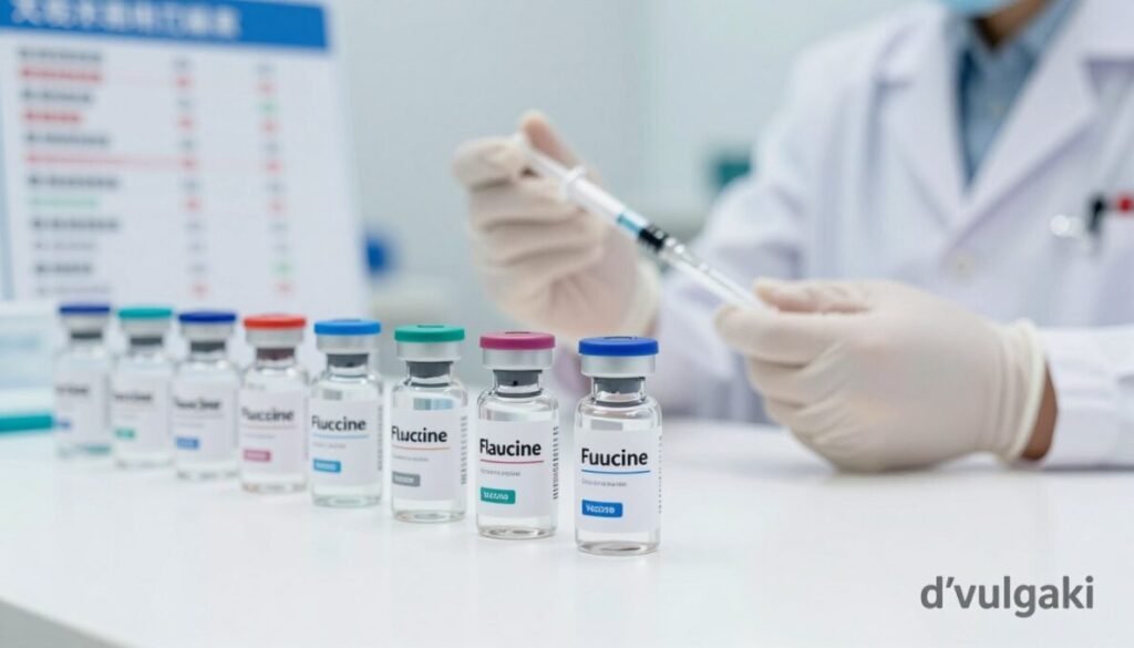A close-up view of an array of flu vaccines lined up on a clean, white medical surface. In the foreground, the focus is on a few labeled vaccine vials with colorful caps, reflecting modern medical packaging. In the middle ground, a healthcare professional in professional attire holds a syringe prepared for vaccination, showcasing a sense of readiness and healthcare efficacy. The background features a soft-focus image of a healthcare setting, including a vaccination station with charts of historical vaccine data. The lighting is bright and clinical, emphasizing a mood of hope and progress in vaccine development. Ensure the presence of the brand name "d'vulgaki" subtly displayed in the lower right corner of the image.