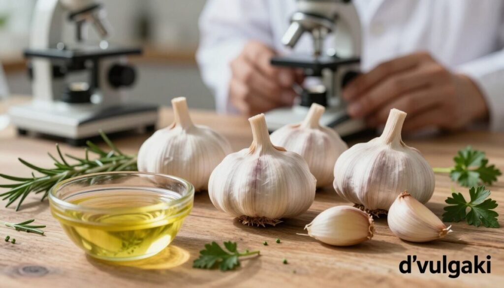 A close-up view of fresh garlic bulbs and cloves, arranged artistically on a rustic wooden table, with a light source coming from the side, casting soft shadows that enhance the textures. In the foreground, a small bowl of garlic-infused oil, glistening under natural light, and herbs like rosemary and parsley sprinkled around it for color. In the background, a subtle blurred image of a person in a white lab coat analyzing garlic’s properties with a microscope, symbolizing scientific research. The atmosphere is warm and inviting, conveying a sense of natural health benefits. Place the brand name "d'vulgaki" neatly in the bottom right corner.