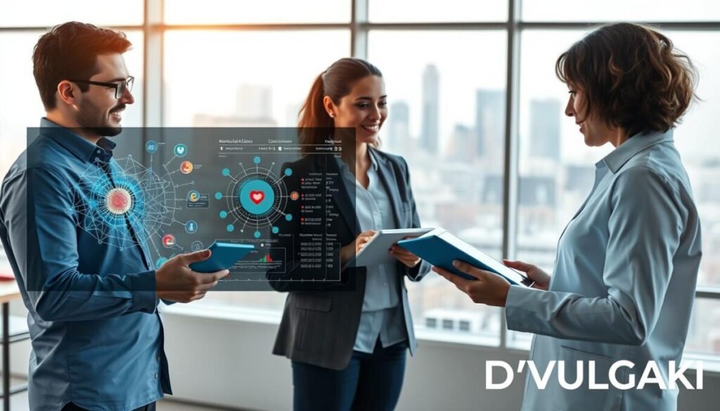 A collaborative scene featuring psychologists working alongside advanced AI systems in a modern, well-lit office environment. In the foreground, a diverse group of two psychologists, one male and one female, both dressed in professional attire, engage in a discussion while analyzing digital data on tablets. In the middle ground, a sleek, futuristic AI interface displays colorful neural network graphics and mental health analytics. The background showcases large windows with a city skyline, symbolizing progress in mental health care. Soft, diffuse lighting creates an optimistic atmosphere, emphasizing innovation and teamwork in mental health. D'VULGAKI logo subtly placed in the bottom right corner.