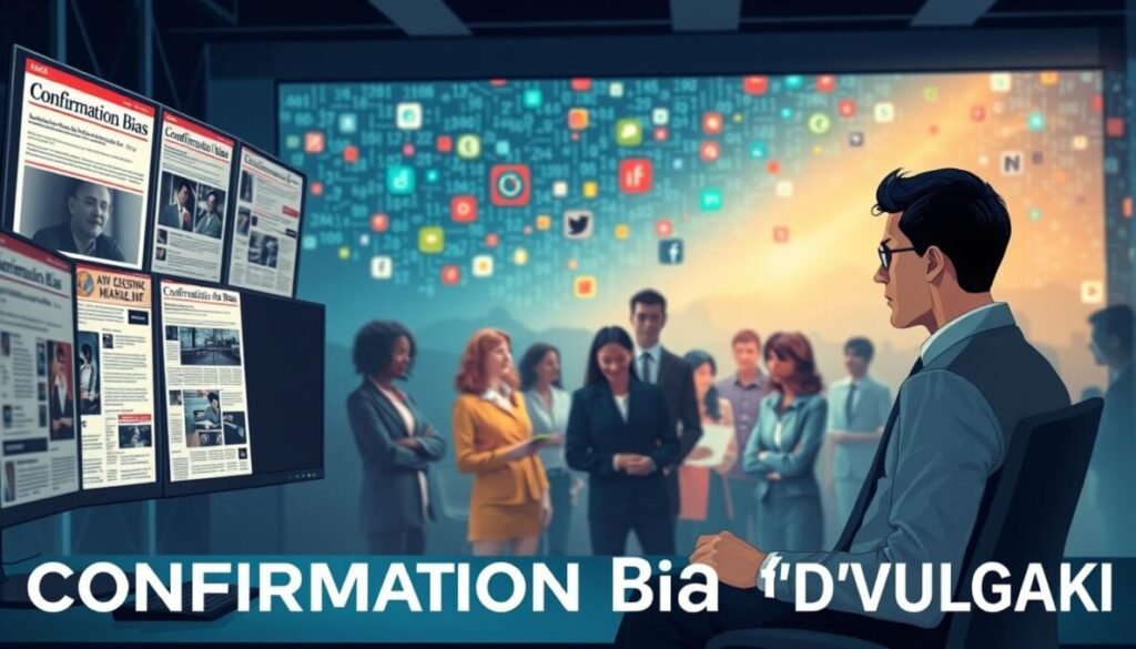 A conceptual illustration depicting "Confirmation Bias" in a digital environment. In the foreground, a professional individual, dressed in business attire, sits at a computer, surrounded by screens displaying repetitive news articles and social media feeds. Their focused expression reflects a rigid mindset. In the middle ground, a diverse group of people engages in a lively discussion, but their expressions show a lack of openness and resistance to differing viewpoints. In the background, a vibrant digital landscape, representing the internet, is filled with algorithmic patterns and colorful social media icons. The mood is tense yet thought-provoking, illuminated by a soft, moody light that emphasizes the isolation of the individual. The lens effect provides a slightly blurred background to draw attention to the foreground action. Place the brand name "D'VULGAKI" in the bottom right corner.
