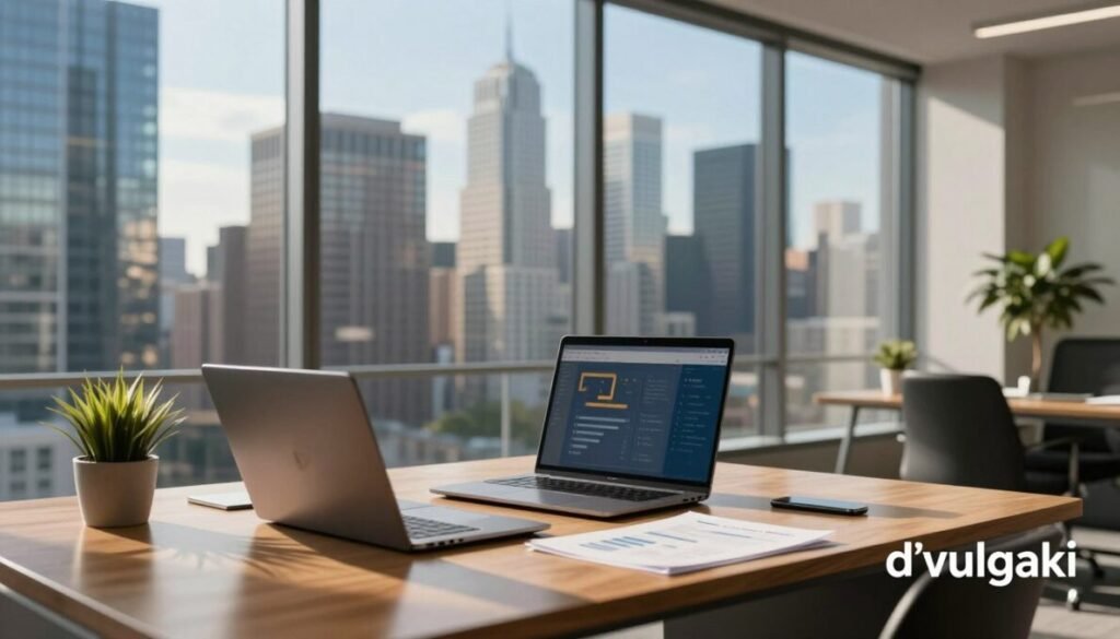 A contemporary office workspace with a view of urban skyscrapers, symbolizing investment opportunities in real estate funds. In the foreground, a sleek wooden desk is adorned with a laptop, financial documents, and a small potted plant. The middle ground features a modern glass window offering a panoramic skyline view, bathed in warm afternoon sunlight, casting soft shadows. In the background, blurred outlines of high-rise buildings hint at a bustling city. The atmosphere is one of professionalism and optimism, conveying a sense of growth and opportunity in the real estate market. Shot from a slightly elevated angle, capturing the entire desk setup and window view, with clear blue skies. Include the brand name "d'vulgaki" subtly positioned in the lower right corner. A contemporary office workspace with a view of urban skyscrapers, symbolizing investment opportunities in real estate funds. In the foreground, a sleek wooden desk is adorned with a laptop, financial documents, and a small potted plant. The middle ground features a modern glass window offering a panoramic skyline view, bathed in warm afternoon sunlight, casting soft shadows. In the background, blurred outlines of high-rise buildings hint at a bustling city. The atmosphere is one of professionalism and optimism, conveying a sense of growth and opportunity in the real estate market. Shot from a slightly elevated angle, capturing the entire desk setup and window view, with clear blue skies. Include the brand name "d'vulgaki" subtly positioned in the lower right corner.