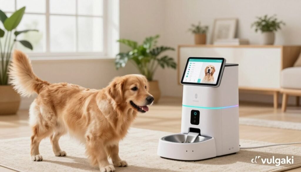 A cozy, advanced pet wellness tech setup showcasing a happy dog interacting with a smart pet feeder and health monitoring device. In the foreground, the dog, a golden retriever, wags its tail enthusiastically as it eats. In the middle ground, a sleek, modern feeding station displays colorful LED lights, while a tablet shows the pet's nutritional stats. In the background, a bright, airy room filled with potted plants and soft natural light filtering through large windows creates a warm atmosphere. The overall mood conveys innovation and care for animal well-being. Include the brand name "d'vulgaki" subtly placed in the bottom right corner. A cozy, advanced pet wellness tech setup showcasing a happy dog interacting with a smart pet feeder and health monitoring device. In the foreground, the dog, a golden retriever, wags its tail enthusiastically as it eats. In the middle ground, a sleek, modern feeding station displays colorful LED lights, while a tablet shows the pet's nutritional stats. In the background, a bright, airy room filled with potted plants and soft natural light filtering through large windows creates a warm atmosphere. The overall mood conveys innovation and care for animal well-being. Include the brand name "d'vulgaki" subtly placed in the bottom right corner.