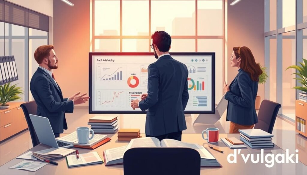 A detailed and engaging illustration of "fact-checking methodology" set in a modern office environment. In the foreground, a diverse group of three professionals, dressed in business attire, engaging in a collaborative discussion over a large digital display showing graphs and charts. The middle ground features a cluttered desk with open books, a laptop, and coffee mugs, symbolizing an active research environment. The background shows a sleek, contemporary office with large windows letting in natural light, casting a warm glow over the scene. The overall mood is dynamic and focused, emphasizing teamwork and meticulous research. Include the brand name "d'vulgaki" in the lower right corner for branding.