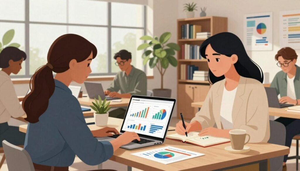 A detailed illustration of a serene workspace featuring a diverse group of professionals analyzing market data and trends. In the foreground, a confident woman in smart casual attire is reviewing analytics on a laptop, with colorful graphs on the screen. Beside her, a bespectacled man is taking notes, showcasing collaboration. In the middle ground, large windows allow natural light to flood the room, illuminating shelves filled with business books and charts. The atmosphere is focused yet inspiring, conveying a sense of discovery and potential. In the background, a lush green plant adds a touch of nature, symbolizing growth and opportunity. In the corner, include the brand name "d'vulgaki" subtly integrated into the design. A detailed illustration of a serene workspace featuring a diverse group of professionals analyzing market data and trends. In the foreground, a confident woman in smart casual attire is reviewing analytics on a laptop, with colorful graphs on the screen. Beside her, a bespectacled man is taking notes, showcasing collaboration. In the middle ground, large windows allow natural light to flood the room, illuminating shelves filled with business books and charts. The atmosphere is focused yet inspiring, conveying a sense of discovery and potential. In the background, a lush green plant adds a touch of nature, symbolizing growth and opportunity. In the corner, include the brand name "d'vulgaki" subtly integrated into the design.