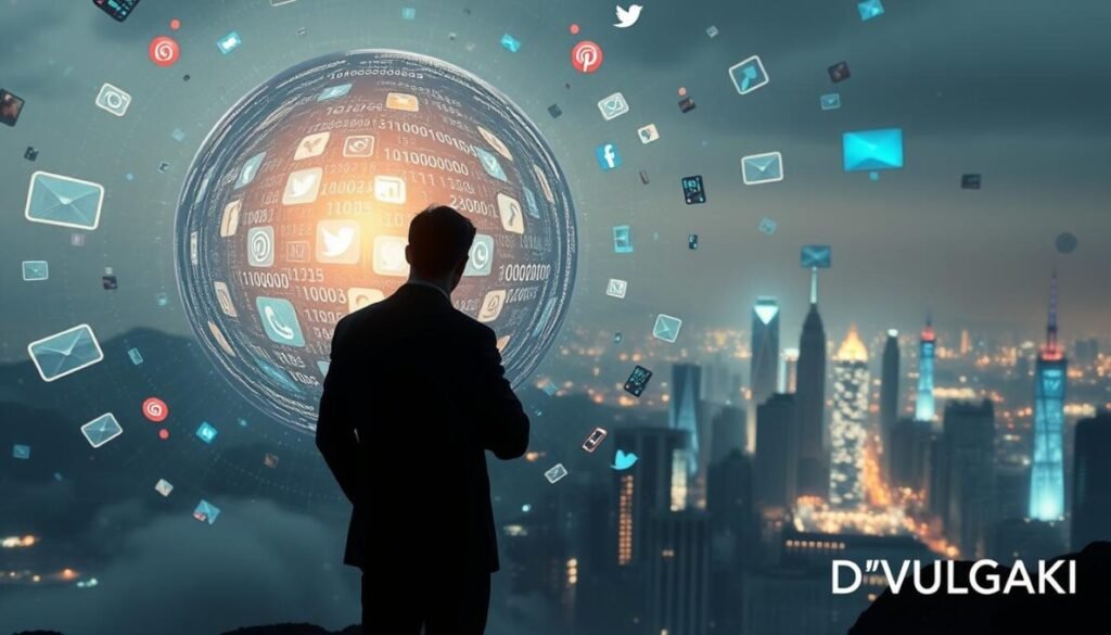 A digital landscape depicting the concept of being trapped in a digital bubble. In the foreground, a silhouette of a person, dressed in professional attire, gazes at a shimmering, transparent bubble showing social media icons and algorithms inside. In the middle ground, a swirling array of binary code and floating screens encapsulates the environment, symbolizing the overwhelming nature of digital information. The background features a distorted cityscape that represents reality fading away, emphasizing a disconnect from the outside world. Soft, ethereal lighting illuminates the scene, creating a contrast between the vibrant colors of the digital elements and the muted tones of reality. The mood is contemplative and slightly unsettling, inviting viewers to reflect on their own digital experiences. In the bottom right corner, the brand name "D'VULGAKI" is subtly integrated into the scene.