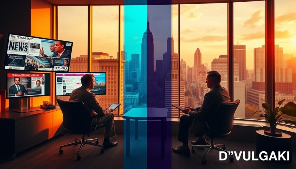 A digital landscape representing the concept of "digital polarization." In the foreground, two individuals in professional business attire sit in a modern office setting, engaged in a heated debate, surrounded by screens displaying contrasting news articles and social media feeds. The middle ground features a split scene, with one half filled with bright, vibrant colors indicating echo chambers, while the other half is darker and more subdued, representing ignorance of diverse perspectives. In the background, city buildings are visible through large windows, symbolizing society. Use warm, soft lighting to create an inviting yet tense atmosphere. The image should convey a mood of conflict and division, emphasizing the challenges of understanding different viewpoints. Include the brand name "D'VULGAKI" in the bottom right corner.