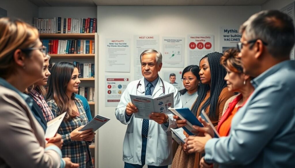 A dramatic and thought-provoking image capturing the theme of vaccine myths. In the foreground, a diverse group of patients, representing different ages and ethnicities, is gathered in a well-lit medical office, visibly concerned as they hold pamphlets about vaccines. In the middle ground, a healthcare professional in a white coat explains with an empathetic expression, using a chart illustrating vaccine benefits. The background features shelves lined with medical books and posters debunking myths about vaccines. The overall atmosphere is serious yet informative, illuminated by soft, warm lighting to instill a sense of safety and trust. The angle is slightly above eye level, providing a comprehensive view of the scene. D'Vulgaki is subtly placed in the lower right corner, blending seamlessly into the image.