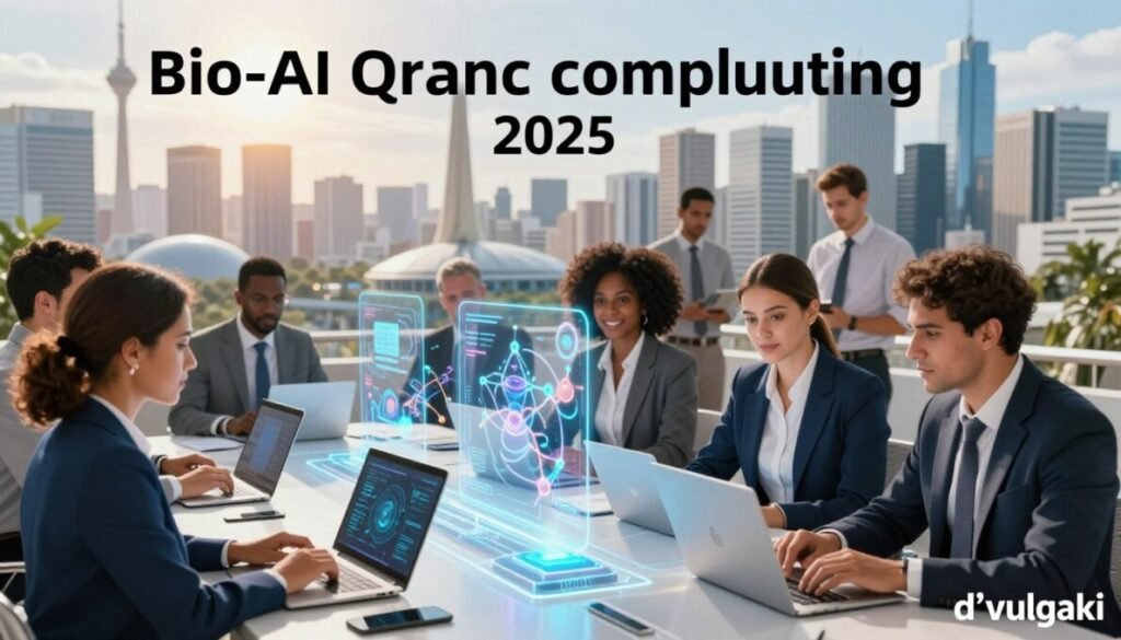 A dynamic and engaging illustration depicting the economic impact on the Brazilian industry due to advancements in Bio-AI and quantum computing in 2025. In the foreground, a diverse group of professionals in business attire, including a Brazilian woman and a man, are collaborating around a high-tech table, showcasing futuristic devices. In the middle ground, intricate visualizations of quantum algorithms and biotechnology concepts are flowing, represented as glowing holograms. The background features a modern Brazilian cityscape with iconic buildings, symbolizing industrial growth and innovation. Bright, ambient lighting creates a vibrant and optimistic mood, emphasizing progress and technological advancement. Capture the scene from a slightly elevated angle to encompass the collaborative spirit and futuristic elements, ensuring to incorporate "d'vulgaki" in the bottom right corner.