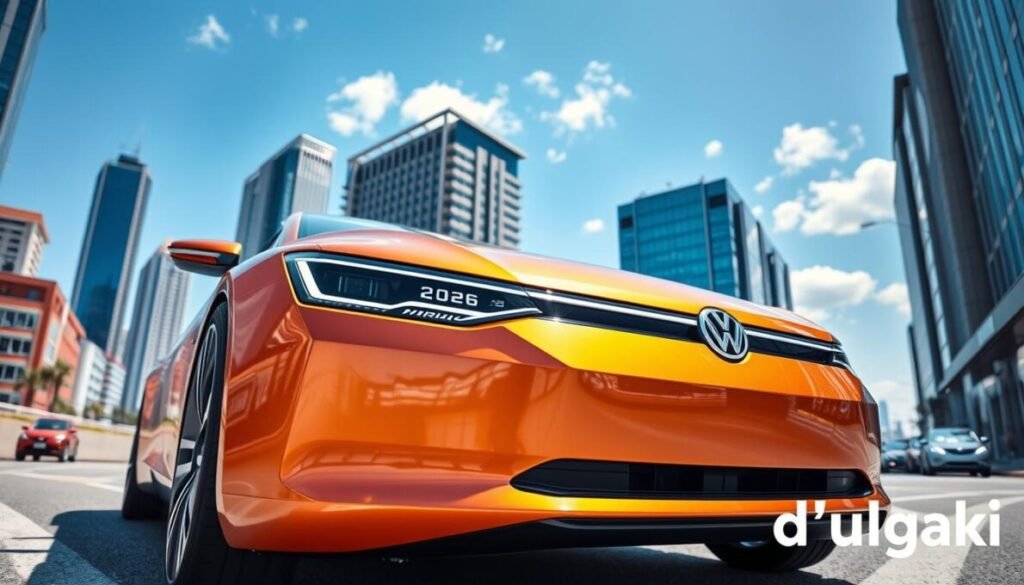 A futuristic Volkswagen 2026 model showcased in a modern urban environment, emphasizing its advanced motorization and performance features. In the foreground, the sleek car, painted in a vibrant metallic color, glistens under bright daylight. The headlights are designed with cutting-edge LED technology, illuminating the surroundings. In the middle ground, a dynamic cityscape with high-rise buildings and bustling streets reflects innovation and modernity. The background features a clear blue sky with a few clouds, hinting at a perfect driving day. The atmosphere is energetic and forward-thinking, capturing the essence of the new Volkswagen model. The image is shot from a low angle to enhance the car's stature, using a wide-angle lens for an engaging perspective. Ensure the brand name "d'vulgaki" is placed in the bottom right corner of the image. A futuristic Volkswagen 2026 model showcased in a modern urban environment, emphasizing its advanced motorization and performance features. In the foreground, the sleek car, painted in a vibrant metallic color, glistens under bright daylight. The headlights are designed with cutting-edge LED technology, illuminating the surroundings. In the middle ground, a dynamic cityscape with high-rise buildings and bustling streets reflects innovation and modernity. The background features a clear blue sky with a few clouds, hinting at a perfect driving day. The atmosphere is energetic and forward-thinking, capturing the essence of the new Volkswagen model. The image is shot from a low angle to enhance the car's stature, using a wide-angle lens for an engaging perspective. Ensure the brand name "d'vulgaki" is placed in the bottom right corner of the image.