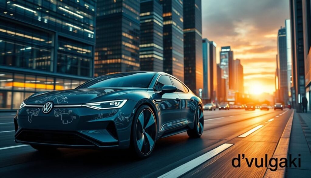 A futuristic Volkswagen car design for 2026, showcasing advanced safety features. In the foreground, focus on the sleek silhouette of the vehicle, highlighting its aerodynamic shape and innovative safety technology such as sensors and cameras integrated seamlessly into the design. In the middle ground, display a bustling urban environment with illuminated, high-tech infrastructure, emphasizing a smart city atmosphere. In the background, include a dramatic sunset casting warm light, reflecting off the car's surface. Capture the scene with a low-angle perspective to convey strength and modernity, using a wide-angle lens for depth. The mood is optimistic and forward-thinking. Ensure the branding "d'vulgaki" is placed discreetly in the lower right corner of the image. A futuristic Volkswagen car design for 2026, showcasing advanced safety features. In the foreground, focus on the sleek silhouette of the vehicle, highlighting its aerodynamic shape and innovative safety technology such as sensors and cameras integrated seamlessly into the design. In the middle ground, display a bustling urban environment with illuminated, high-tech infrastructure, emphasizing a smart city atmosphere. In the background, include a dramatic sunset casting warm light, reflecting off the car's surface. Capture the scene with a low-angle perspective to convey strength and modernity, using a wide-angle lens for depth. The mood is optimistic and forward-thinking. Ensure the branding "d'vulgaki" is placed discreetly in the lower right corner of the image.