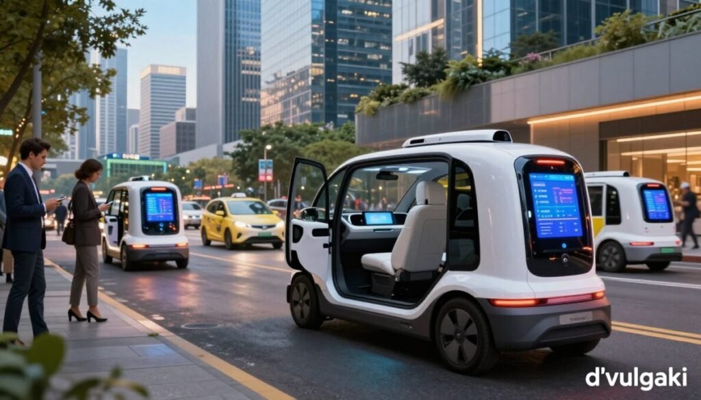 A futuristic cityscape showcasing robotaxis in motion, with a sleek, modern design and vibrant colors. In the foreground, a stylish robotaxi is parked with its doors open, revealing a clean interior with high-tech screens displaying fare information. The middle ground features a busy urban street with diverse people in professional business attire using their devices, observing the robotaxis, symbolizing the growing interest and engagement in this technology. The background is a skyline with advanced skyscrapers and greenery integrated into the architecture, under a bright blue sky. Use warm urban lighting to create an inviting atmosphere, and ensure a dynamic angle that highlights the robotaxi's features. In the bottom right corner, include the brand name "d'vulgaki".