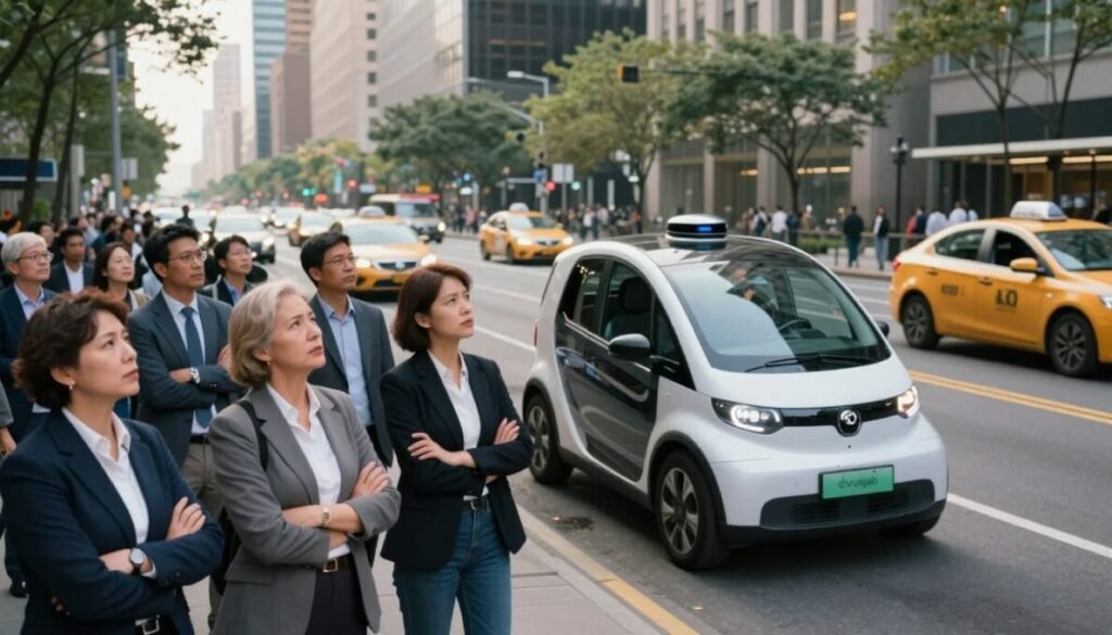 A futuristic cityscape showcasing the public's mixed feelings towards autonomous cars. In the foreground, a small crowd of diverse individuals in professional business attire, expressing curiosity and concern as they observe a sleek, driverless vehicle. In the middle ground, the autonomous car is parked, with city buildings and trees lining the streets. The background features bustling urban life, with both traditional taxis and autonomous vehicles sharing the road, highlighting the challenge of acceptance. Use soft, natural lighting to create an inviting atmosphere, captured with a wide-angle lens to emphasize the scope of the city. The scene should evoke a sense of progress and hesitation, with a hint of hope for a future with robotaxis. Place the brand name "d'vulgaki" discreetly in the lower right corner.