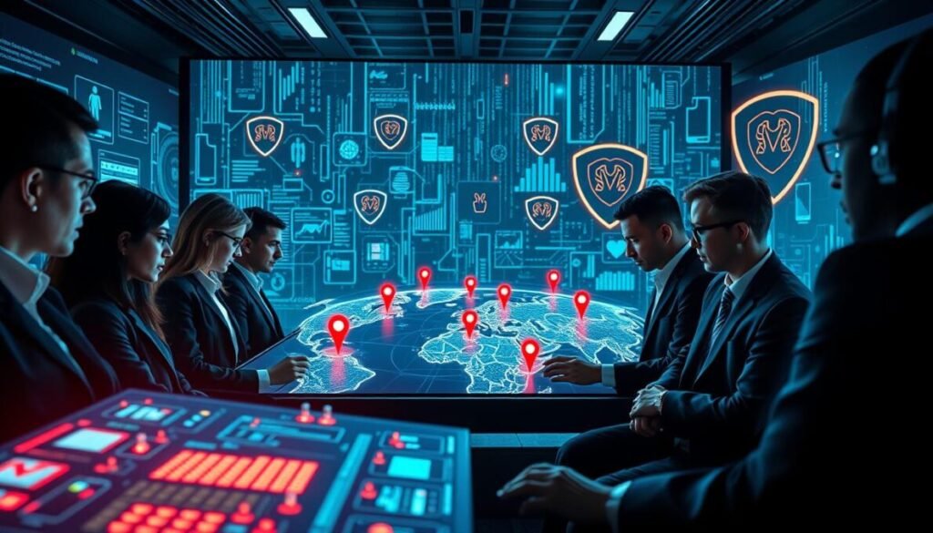 A futuristic cybersecurity command center in 2026, showcasing advanced technology and digital interfaces. In the foreground, a diverse team of cybersecurity professionals, dressed in smart business attire, intensely analyzing data on glowing holographic screens. The middle ground features a sleek digital map of social media networks, highlighting potential threats with pulsing red markers. The background is filled with abstract representations of cyberspace, including streams of binary code and illuminated digital shields, symbolizing protection against invisible dangers. The overall atmosphere is tense yet focused, illuminated by cool blue and green lights, with a hint of urgency in the air. Include the brand "D'VULGAKI" subtly integrated into the tech visuals.