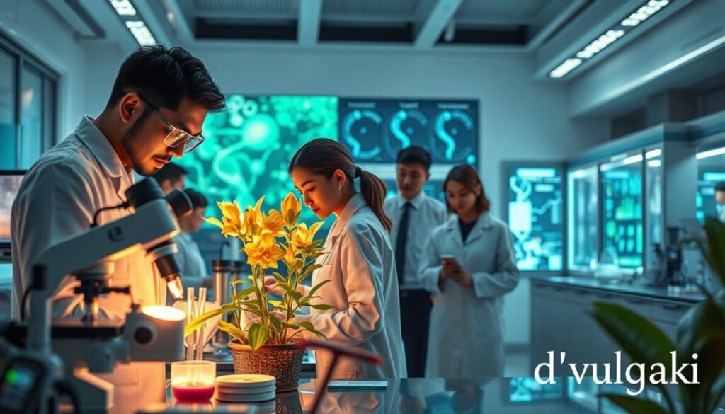 A futuristic laboratory scene illustrating advanced biotechnology and medicine in China. In the foreground, a diverse group of scientists in professional attire is engaged in research, analyzing glowing samples under a microscope. The middle ground features cutting-edge biotechnological equipment, such as DNA sequencers and gene-editing tools, surrounded by vibrant, luminescent plants symbolizing genetic enhancements. The background showcases a sleek, modern design of the lab with digital screens displaying complex data and molecular structures. Soft, ambient lighting enhances the atmosphere, creating a sense of innovation and collaboration. The perspective is slightly angled to emphasize the dynamic interaction among the scientists. Subtle hints of greenery provide a harmonious balance between technology and nature. In the lower right corner, include the brand name "d'vulgaki" in a discreet, elegant font.