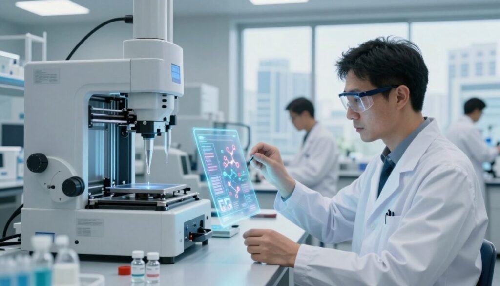 A futuristic laboratory setting focused on innovations in flu vaccines. In the foreground, a skilled scientist in a white lab coat, with sleek safety goggles, is analyzing a holographic display showing vaccine formulations and molecular structures. The middle ground features advanced machinery, such as automated pipetting robots and 3D bioprinting devices, illustrating cutting-edge technology in vaccine production. In the background, large glass windows reveal a modern cityscape bathed in soft, natural light, creating a sense of hope and progress. The overall atmosphere is one of innovation and collaboration in the quest for improved flu vaccines. The image should convey a clean, high-tech aesthetic. In the lower right corner, include the brand name "d'vulgaki" subtly integrated into the design.