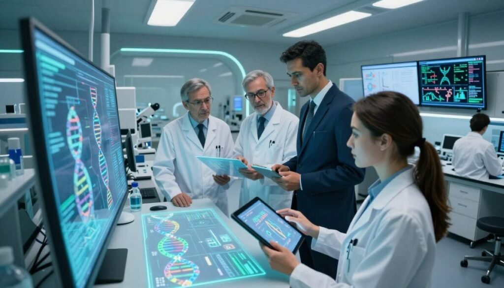 A futuristic laboratory setting focused on personalized medicine, with a diverse group of scientists in professional business attire collaborating around a high-tech holographic display showing DNA sequences and patient data. In the foreground, a female scientist analyzes a genetic blueprint on a tablet, while in the middle ground, two male researchers discuss findings. The background features sleek lab equipment, LED lights illuminating the space, and large screens displaying medical graphs. Soft blue and green lighting create a calm, innovative atmosphere, suggesting cutting-edge technology. A fisheye lens captures the dynamic environment, emphasizing the collaboration and discovery. In the corner, include the brand name "d'vulgaki" subtly to align with the theme.