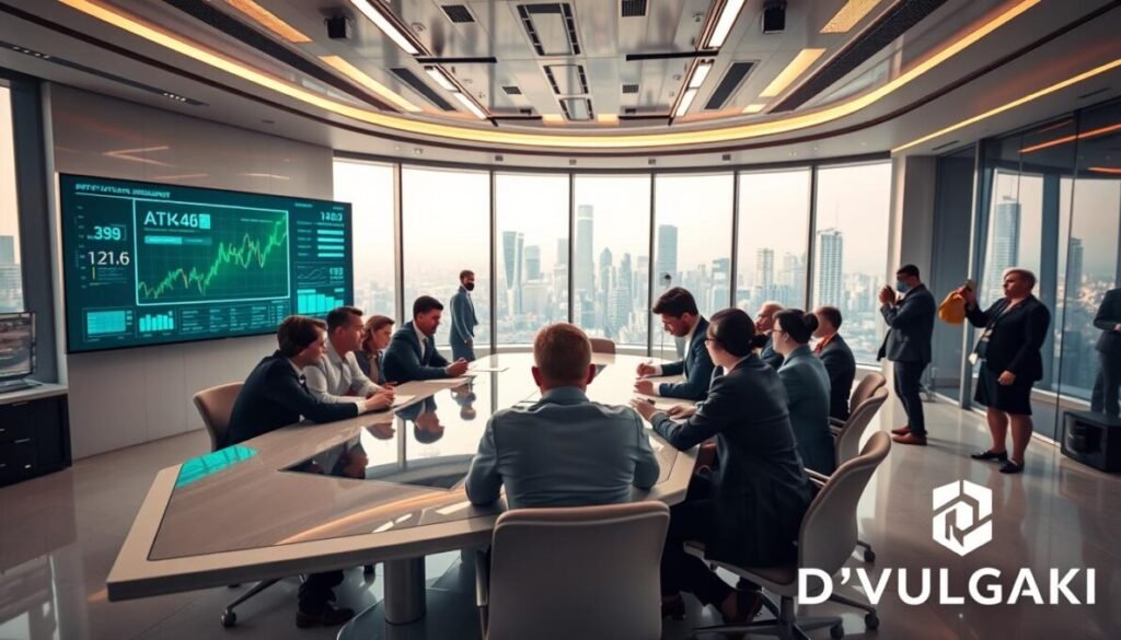 A futuristic office environment bustling with professionals engaged in discussions about artificial intelligence and money-making opportunities. In the foreground, a diverse group of individuals in smart business attire is brainstorming around a sleek, high-tech conference table. The middle ground features large screens displaying AI graphs and financial data, while a window view reveals a vibrant city skyline. The atmosphere is dynamic and optimistic, with bright, warm lighting illuminating the space. Use a wide-angle lens to capture the scene, focusing on the collaboration and innovation depicted. The brand name "D'VULGAKI" is subtly placed in the bottom right corner, enhancing the professional look of the image.