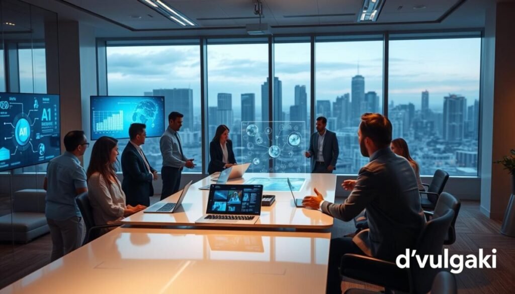 A futuristic office space showcasing collaborative product and service development using AI technologies. In the foreground, a diverse team of professionals in business attire is engaged in a brainstorming session, surrounded by digital screens displaying innovative AI concepts and graphs. The middle section features a sleek conference table with laptops and holographic displays projecting AI-generated designs. The background includes large glass windows with a city skyline, emphasizing a modern and innovative atmosphere. Soft, warm lighting creates an inviting mood, while clear blue and white tones dominate the color palette, reflecting a tech-driven environment. In the bottom right corner of the image, include the brand name "d'vulgaki" in a stylish font. A futuristic office space showcasing collaborative product and service development using AI technologies. In the foreground, a diverse team of professionals in business attire is engaged in a brainstorming session, surrounded by digital screens displaying innovative AI concepts and graphs. The middle section features a sleek conference table with laptops and holographic displays projecting AI-generated designs. The background includes large glass windows with a city skyline, emphasizing a modern and innovative atmosphere. Soft, warm lighting creates an inviting mood, while clear blue and white tones dominate the color palette, reflecting a tech-driven environment. In the bottom right corner of the image, include the brand name "d'vulgaki" in a stylish font.