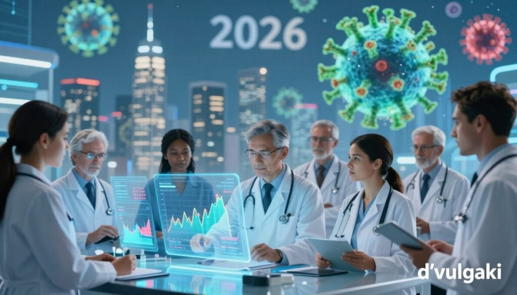 A futuristic scene depicting flu trends in 2026. In the foreground, a diverse group of healthcare professionals, dressed in professional business attire, are analyzing digital graphs and charts on holographic screens showing vaccination rates and flu patterns. In the middle ground, a modern city skyline represents a thriving urban environment, with subtle hints of healthcare facilities. In the background, an abstract representation of flu virus particles floats amidst a vibrant blue and green color palette, symbolizing scientific research and innovation. The lighting is bright and engaging, resembling a high-tech laboratory. Capture a mood of optimism and determination in public health. Include the brand name "d'vulgaki" placed subtly in the lower right corner.