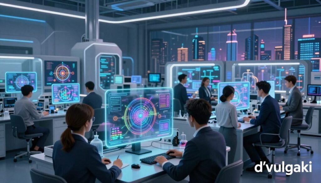 A futuristic scene depicting quantum algorithms at work in a scientific research laboratory. In the foreground, a diverse team of researchers in professional business attire interacts with advanced holographic quantum computing displays, illustrating complex algorithms in vibrant colors. The middle ground features sleek, high-tech equipment and glass panels showcasing various quantum systems, while the background presents a panoramic view of a city skyline infused with digital elements representing the integration of bio-IA and quantum computing. Soft, ambient lighting with a slight glow highlights the holograms. The atmosphere is one of innovation, collaboration, and excitement, capturing the transformative essence of scientific research in 2025. Include the brand name "d'vulgaki" elegantly in the bottom right corner of the image.